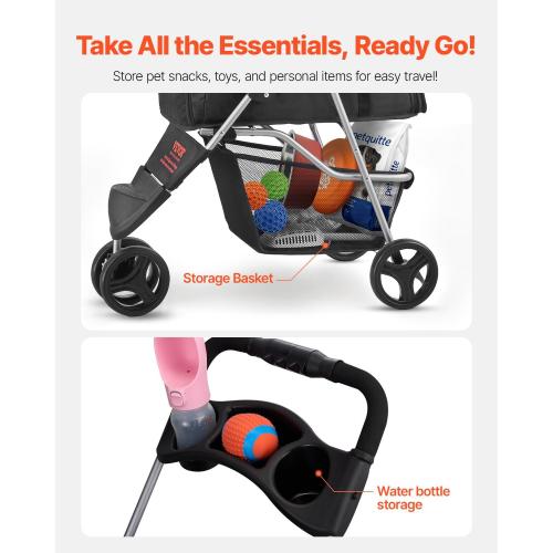 VEVOR Pet Stroller, 35 lbs Weight Capacity, Foldable Dog Cart, 3 Wheels Cats Carts with Mesh Windows and Cup Holders, Portable Pet Carrier Stroller with Brake, for Small to Medium Pets
