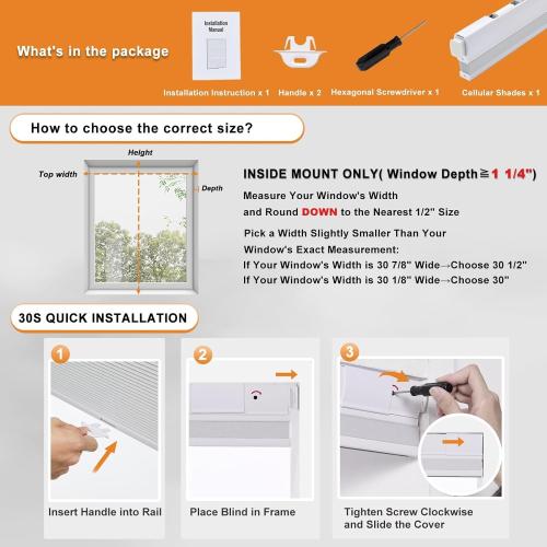 Persilux No Tools No Drill Blackout Cellular Shades for Windows Cordless Top Down Bottom Up Honeycomb Blinds,Easy to Install Cellular Blinds for Indoor Windows, White, 38.5 W x 64 H