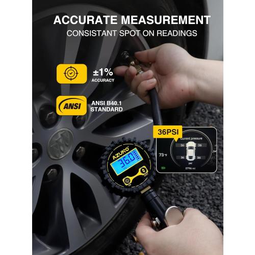 AZUNO Digital Tire Inflator with Pressure Gauge, 200 PSI, Heavy Duty Air Compressor Accessories, with Rubber Hose Lock on Air Chuck and Quick Connect Coupler, Comes with a Portable Carrying Box