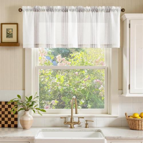 jinchan Striped Linen Valance Curtain 16 Inch Vertical Striped Valance for Kitchen Bathroom Light Filtering Rod Pocket Cottagecore Farmhouse Semi Sheer Short Window Curtain 1 Panel Grey