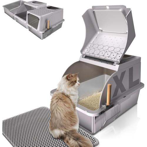 Grey 23.6 L × 15.7 W × 14.5 H Stainless Steel Cat Litter Box with Lid, 180° Flip Top XL Enclosed Litter Box with Trapping Mat & Metal Scoop, Front Top Dual Entry Steel Extra Large Cat Litter Pan