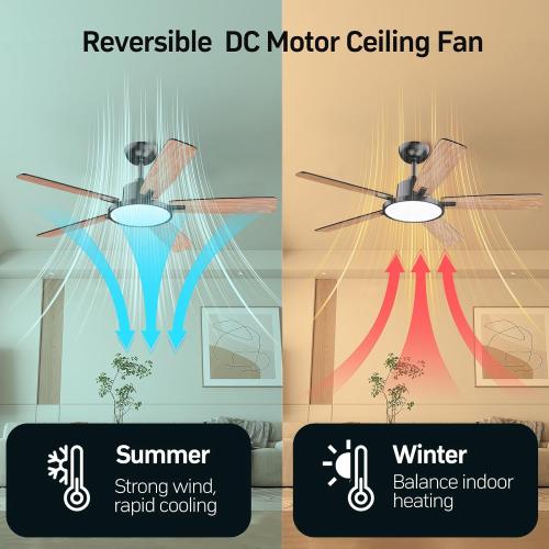 TALOYA 52 Inch Black Smart Ceiling Fans with Lights Led Remote Control Flush Mount Low Profile for Bedroom Living Dining Room Outdoor Farmhouse Patio,Reversible,DC Motor,3 Color Temperatures,5 Blades