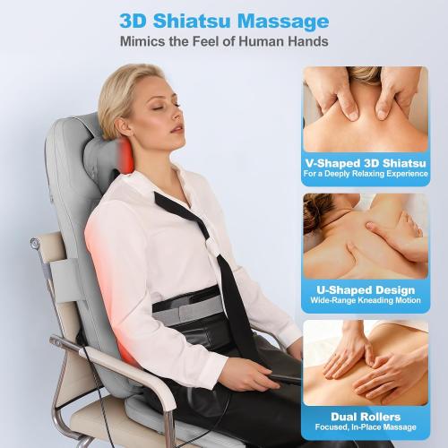 Shiatsu Neck and Back Massager with Heat - 3D Kneading & Vibration Full-Back Massage Cushion to Ease Muscle Stiffness, Adjustable Intensity & Height for Office Chair, Home Use (Grey)