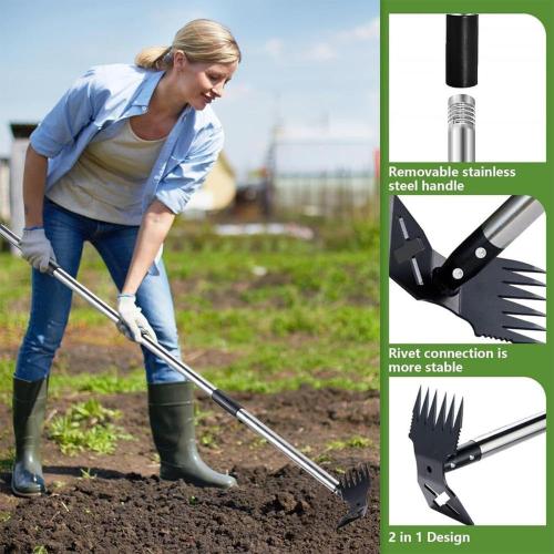 Hoe Garden Tool, Weed Puller Tool with Long Handle, 2 in 1 Hand Weed Rake and Hoe Garden Weeder Tool, Uprooting Pulling Weed Remover Tool for Yard, Patio, Lawn and Garden