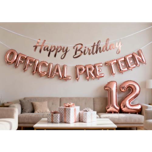 12th Birthday Decorations for Girls, Official Pre-Teen 12th Birthday Balloon 12th Birthday Banner Number 12 Foil Balloons for Her 12 Years Old Birthday Daughter Supplies Girls(12th Rose gold)