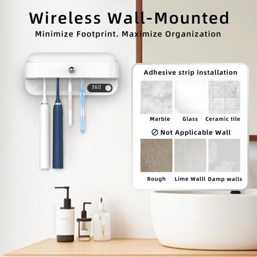 Wall Mounted Toothbrush Holder with Active Airflow Drying for Shared Family Bathroom, Fits Electric & Manual Toothbrushes, Rechargeable, No-Drill Installation