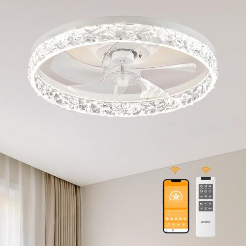 DAMINY 20inch White Ceiling Fans with Lights and Remote, 6CCT, Dimmable Smart Low Profile Ceiling Fan with Light, 6 Speeds Flush Mount Modern Bladeless Ceiling Fan for Bedroom