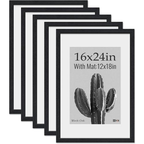 VCK 16x24 Poster Frame 5 Pack, Natural Wood Grain Black Oak, Display 12x18 Picture with Mat or 16x24 without Mat, Wall Hanging