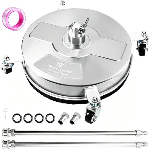 Hourleey 19 Pressure Washer Surface Cleaner, Stainless Steel Surface Cleaner with 4 Wheels for Concrete, Patio, Sidewalk, Deck, Pathway 1/4 Quick Connector, 2 Extension Wand, 4000 PSI