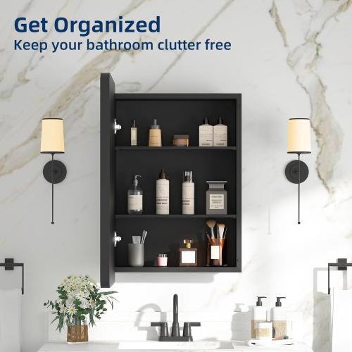 Bathroom Medicine Cabinet with Mirror 16 x 24 Inch, Black Medicine Cabinet Recessed or Surface Wall-Mounted, Mirrored Cabinets with 2 Adjustable Shelves for Bathroom Vanity