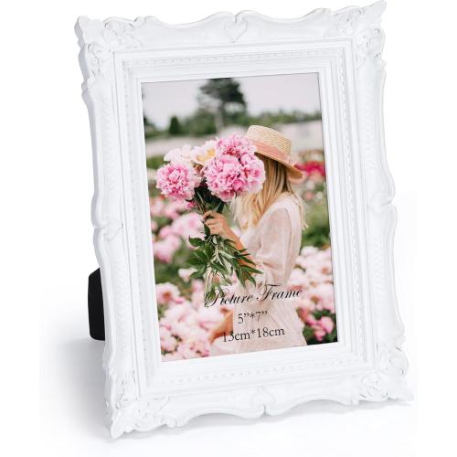 PHAREGE 5x7 White Vintage Picture Frame, 5 by 7 Ornate Antique Picture Frame for Wedding, Retro Photo Frame Displays Horizontally or Vertically On Tabletop