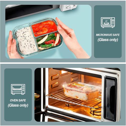 KOMUEE Glass Meal Prep Containers 3 Compartments, 5 Pack 36 oz, Glass Food Storage Containers with Lids, Airtight Lunch Bento Box, Portion Control, Freezer and Microwave Safe