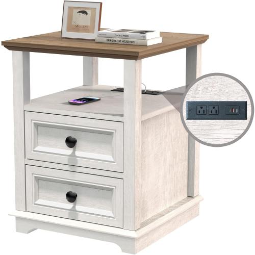 End Table with Fast Charging Station, Side Table with 2 Drawers | Large Storage Rustic Wood Square Storage Cabinet for Living Room,Bedroom,Office