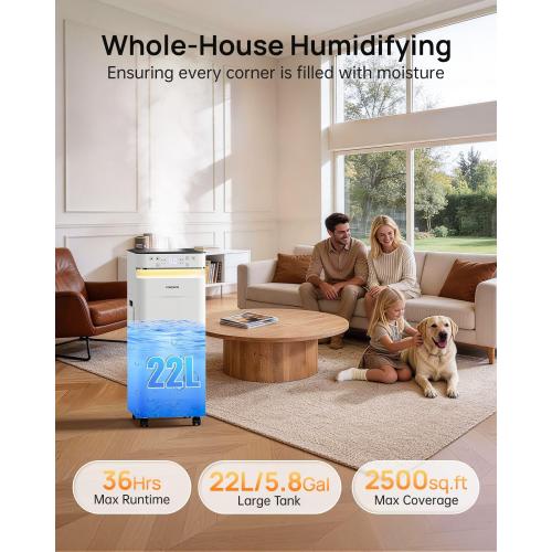 YOKEKON Humidifier Large Room 5.8Gal/22L, 2500 sq.ft. Cool Mist Humidifiers for Home Bedroom with Flame & Night Light, Top Fill Whole House Humidifier with Extension Tube, Plants, Kids, Adults, White