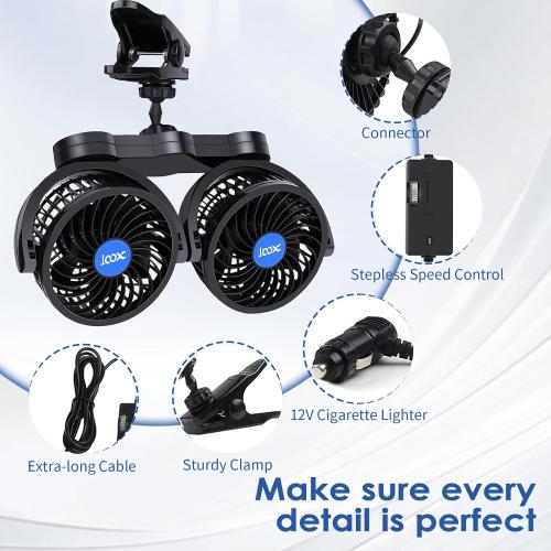 XOOL Clip Car Fan, Adjustable Dual Head 4 Inches 12V Fan for Front/Rear Seat Passenger, 360° Rotatable Electric Car Cooling Fans with Stepless Speed Regulation for SUV, RV, Vehicles