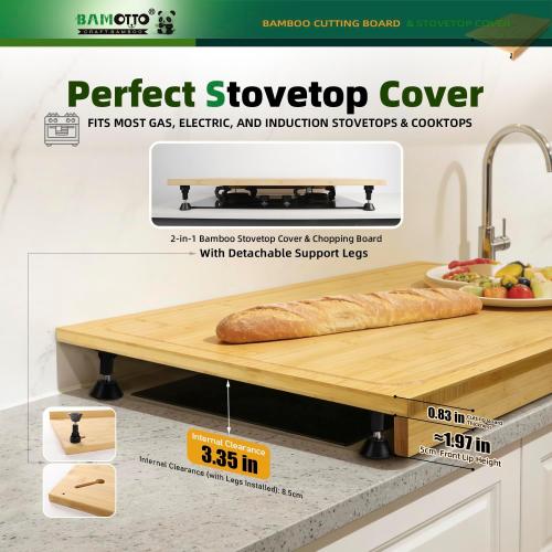 30 x 21 in Extra Large Bamboo Cutting Board, Stovetop Cover, Sink Cover, Noodle Board with Detachable Legs & Detachable Non-Slip Front Lip for Kitchen Countertop