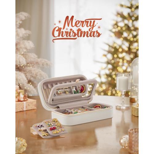 SONGMICS HOME Travel Jewelry Case, Travel Jewelry Box Organizer with Mirror, 4.1 x 8 x 2.4 Inches, Stitching, Portable, Christmas Gift, Cloud White UJBC180W01