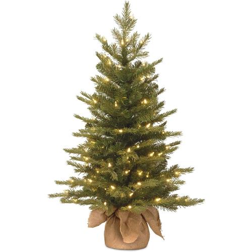 National Tree Company 3 ft Pre-Lit Nordic Spruce Mini Artificial Christmas Tree, 100 Clear Lights, 363 Tips, Burlap Base, Green
