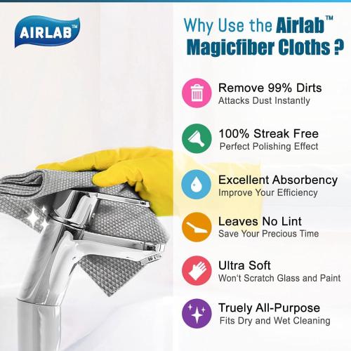 Airlab Streak Free Miracle Cleaning Cloths Easy Clean Nanoscale, Pack of 8, 12'' x 16'', Microfiber Polishing Windows Glass Lint Free Rags Stainless Steel Car Kitchen Reusable