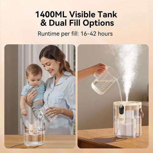 KIMMOO Rechargeable Portable Top Fill Humidifier, Smart Humidifiers for Bedroom, Night Light, 1.4L Cool Mist Humidifier for Office Home Plant Baby, 3-Speed Mist Control, Quiet, Auto Shut-Off (Beige)