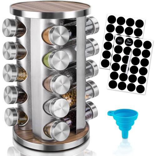 20pcs Rotating Spice Rack Organizer with Jars(20Pcs), Seasoning Organizer for Cabinet, Kitchen Spice Racks for Countertop, Revolving Stainless Steel Spice Organizer