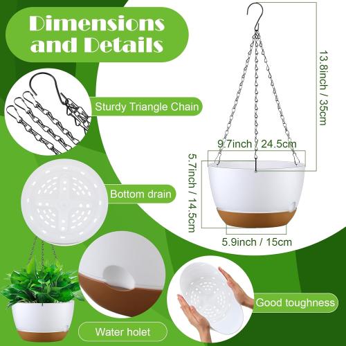Remerry 6 Pcs 10 Inch Hanging Planter Hanging Plant Pot Plastic Round Hang Baskets for Plants Indoor Flower Pot with Drainage Holes Removable Trays for Garden Home Patio(White)
