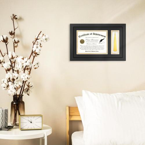 Picrit 11x17 Wood Diploma Frame with Tassel Holder for 8.5x11 Certificate/Degree Document with Tempered Glass, Black over Gold Mat