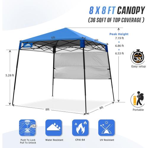 EAGLE PEAK 8x8 Pop Up Canopy Tent with Sidewall, Compact, Portable Slant Leg Instant Sun Shelter for Beach, Sports, & Camping, 8x8 Base 6x6 Top, Blue