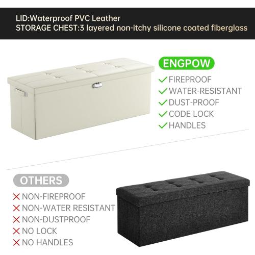ENGPOW Storage Ottoman, Fireproof Folding Bench with Lock(15”x 43”x15”), Water-Resistant ＆ Heat Insulation Large Storage Chest with Handles＆2 Extra Spaces Safe for Living Room, Bedroom, Home, Beige
