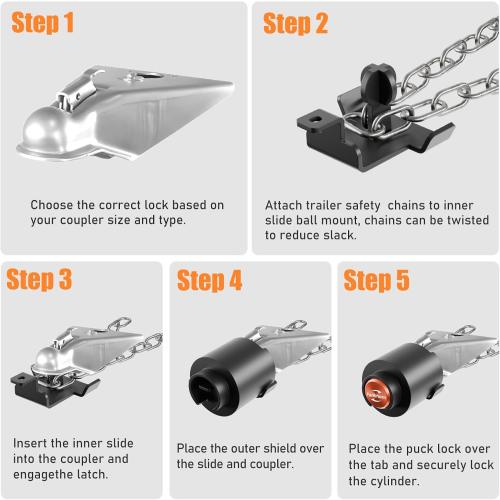 Black Heavy Duty Trailer Hitch Locks Fits 2 and 2-5/16 Couplers, Upgraded Anti Theft Trailer Tongue Lock Secure with Coupler and Safety Chain, Steel Trailer Lock for RV Camper Trailer Truck Pickup Boats