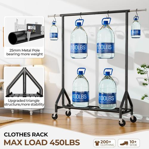 Black Heavy Duty Clothes Rack Load 450 LBS, Metal Garment Rack, Standing Rolling Clothing Rack for Hanging Clothes with Sturdy Wheels & Shelves, Portable Closet Wardrobe Rack,Black