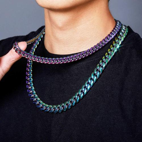 TOPGRILLZ Colorful Cuban Link Necklace 10,14mm Stainless Steel Solid Rainbow Gold Silver Hip Hop Miami Cuban Chunky Thick Chain Necklace For Men Women