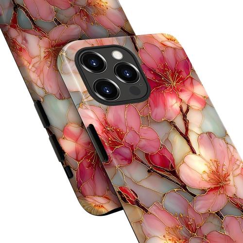 Compatible with iPhone 16 Pro Case,Glossy Case All-Round Protection Shockproof Anti-Scratches TPU Cover,Cases for Man Woman-Blossoms Pink Flower Stained Glass