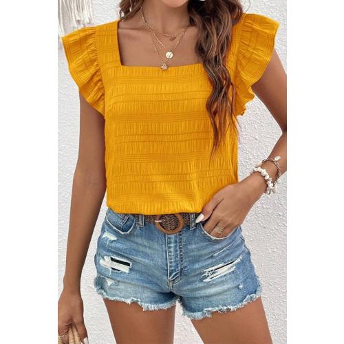 MONTEAU LOS ANGELES Women's Textured Dressy Tops Square Neck Ruffle Cap Sleeve Solid Casual Summer Blouses Shirts. SIZE MEDIUM