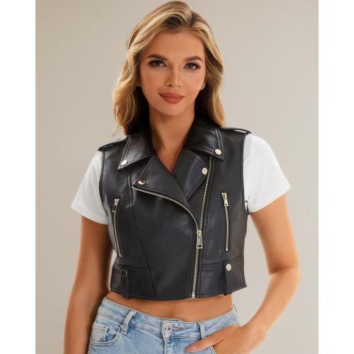 Faux Leather Vest For Women Small Zipper Cropped Sleeveless Biker Moto Slim PU Motorcycle Waistcoat