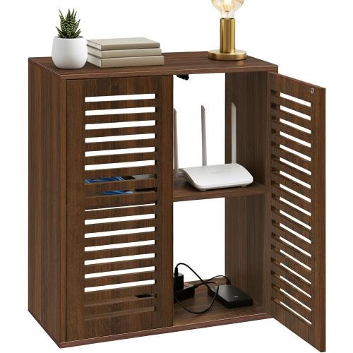 WiFi Router Storage Cabinet, Floor Standing Router Storage Box Modem, Multi-Functional Router Storage Box, Power Strip and Cable Management Hider Organizer for Living Room, Office, Bedroom, Walnut
