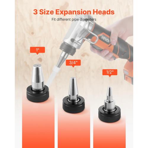 VEVOR Cordless Tube Expander, 20V Max Electric Tubing Expansion Tool for 1/2, 3/4, 1 PEX-A Pipes, 22000RPM Pipe Expander with 3 Expanding Head, 2pcs 2AH Battery, Fast Charger & Carrying Case