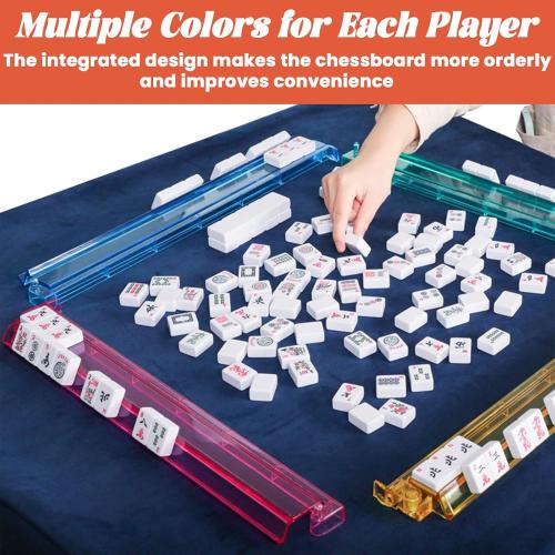 Mahjong All-in-One Tile Rack & Pusher, Clear Acrylic Mahjong Rack and Pusher Combo, Modern American Majiang Tile Racks Set of 4 (Multi-Color)