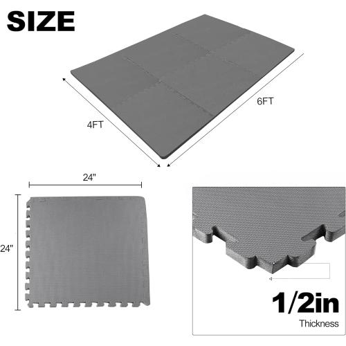 Puzzle Exercise Gym Flooring Mat, 1/2 Thick EVA Interlocking Foam Tiles Workout Mat for Home Gym, Fitness Equipment, MMA, Gymnastics, 6 Tiles Shock-Absorbing Exercise Mat, Grey (24 Sq Ft)