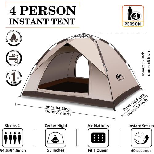 Happy Travel 1/2/3/4 Person Camping Tent, Instant Easy Pop Up Tents for Camping,Automatic Waterproof Family Camping Tent, Easy Set Up Tent,Portable Windproof Dome Tent for Camping Hiking & Traveling