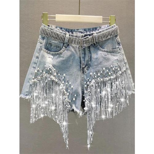 Women's Summer Shorts Beaded High Waisted Wide Leg Denim Shorts Casual Solid Color Jeans size small