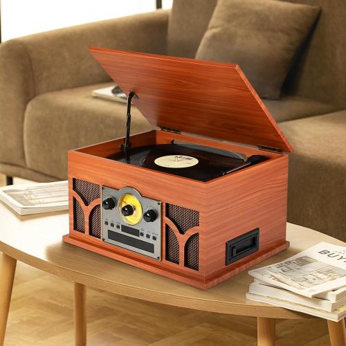 10-in-1 Vinyl Record Player with Built-in Speakers Wireless Playback, CD & Cassette Player, USB Player, AM/FM Radio, 33/45/78 Speed Turntable Mahogany