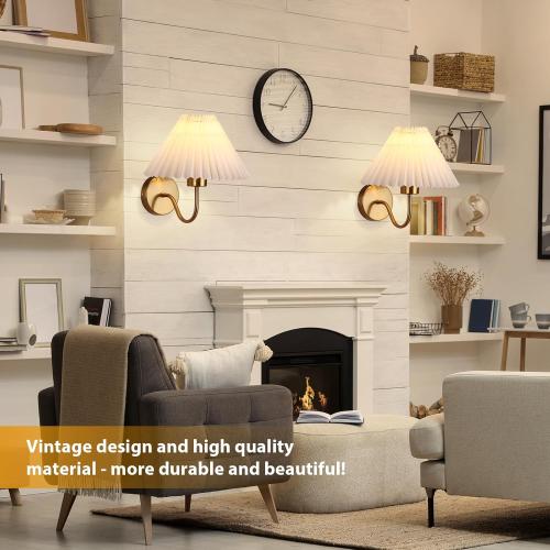 Gold Wall Sconces Sets of 2, Indoor Wall Light Fixtures with Fabric Lampshade, Pleated Fabric Wall Lamp Dresser Hardwired Lamp Wall Lighting Fixture for Bedroom Living Room Porch Dining Room
