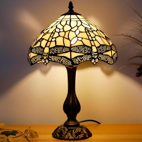 Tiffany Lamp Shade Replacement Only 12X6 Inch Stained Glass Style Lampshade with Cap fit for Table lamp Pendant Light Ceiling Fixture (Cream Dragonfly)