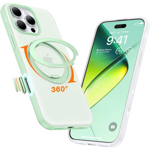 TORRAS 360 Magnetic Stand for iPhone 16 Pro Max Case[Fit for MagSafe][Camera Control Button][Mil-Grade Protection] Slim, Rotatable Kickstand, Translucent Mint Green 6.9, Ostand OFitness Series