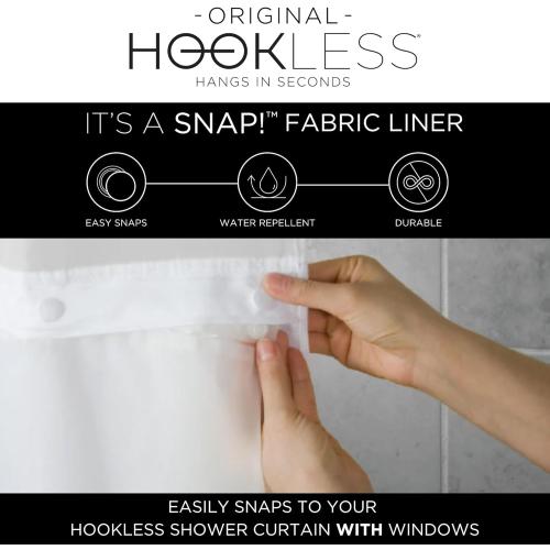 Hookless It's A Snap! Polyester Fabric Snap-In Replacement Shower Curtain Liner for Hookless Curtain with Sheer Window, 70 x 54, Water-Repellent, Easy Install, White