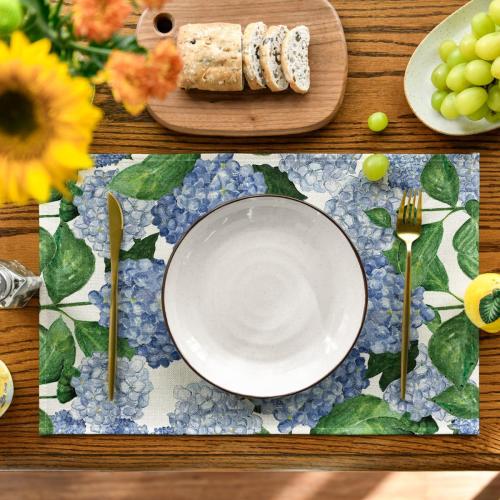 Artoid Mode Watercolor Hydrangea Placemats for Dining Table, 12 x 18 Inch Spring Summer Seasonal Decoration Rustic Washable Table Mats Set of 4 Purple