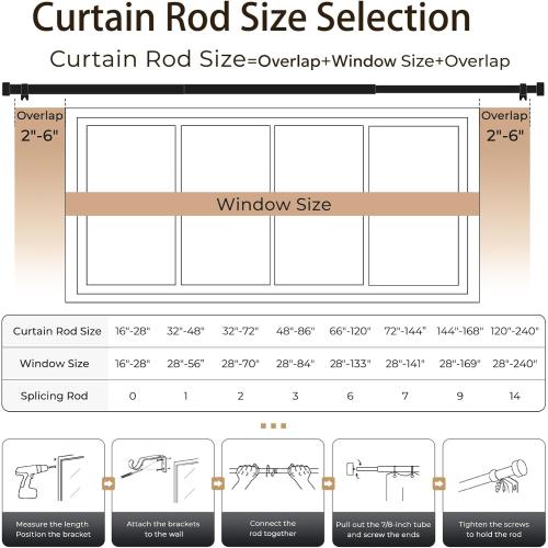 Zeerobee Curtain Rods for Windows 32 to 168, Brushed Gold Curtain Rod, Adjustable 1 Inch Heavy Duty Outdoor/Indoor Modern Drapery Pole, 32-168