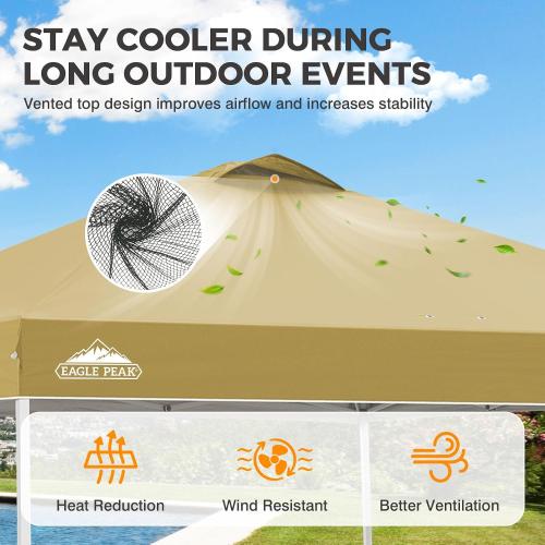 EAGLE PEAK 10x10 Pop Up Canopy Tent Easy Up Canopy Outdoor, Beige | Patented PeakPush™ Center Lock, 1 Person Setup Portable Pop Up Tent, Beach, Markets, Camping Sport Events, Wheeled Carry Bag