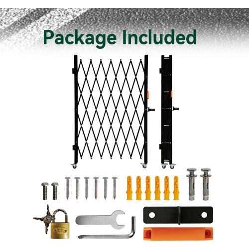Folding Security Gate with Lockable Scissor Design and 360° Swivel Casters Outdoor Barricade for Entry Security, Garage, Warehouse, and Pool Areas (65“Wx50 H)